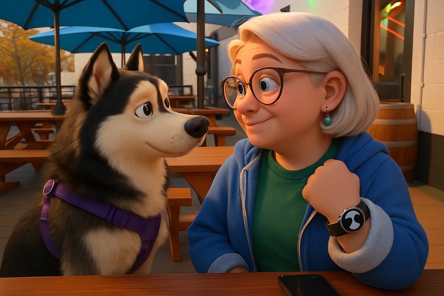 Cartoon portrait of Meghan Gilmore with one of her huskies at a café patio